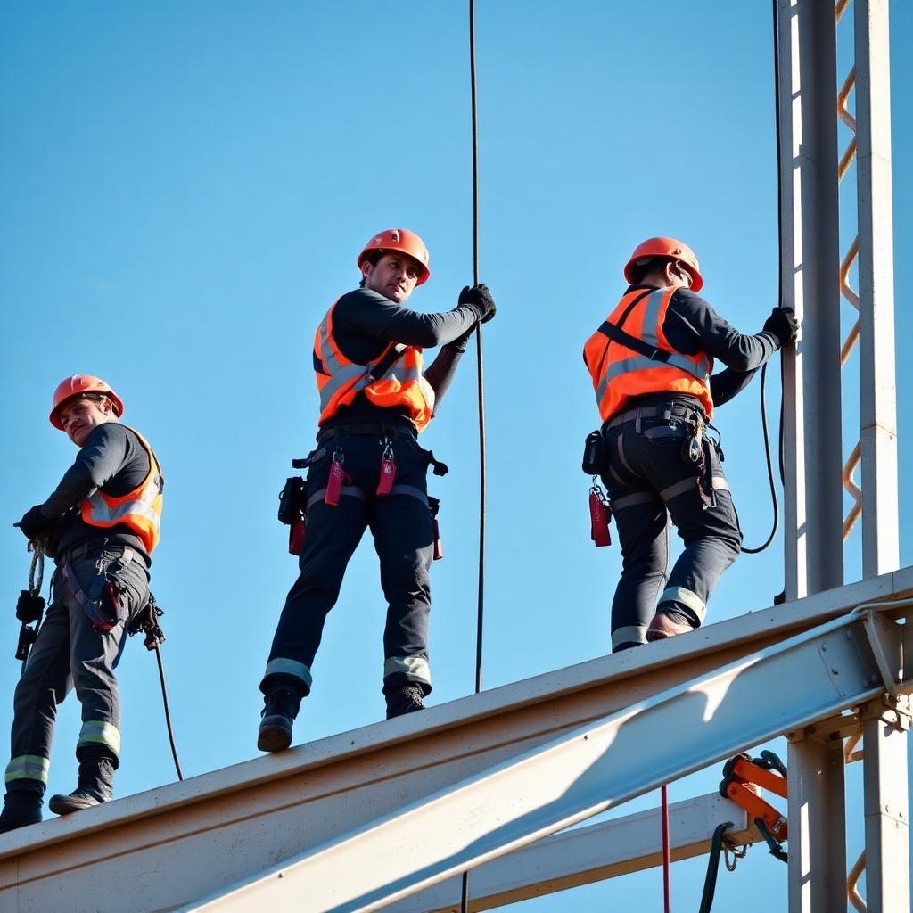 Workers wearing harnesses training at height on a steel structure