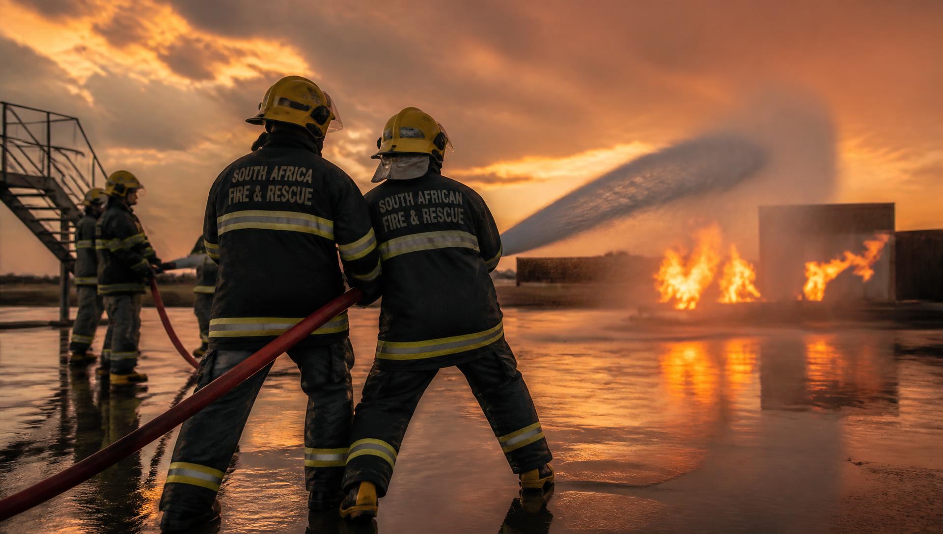 South African firefighters training with a hose line against a controlled fire