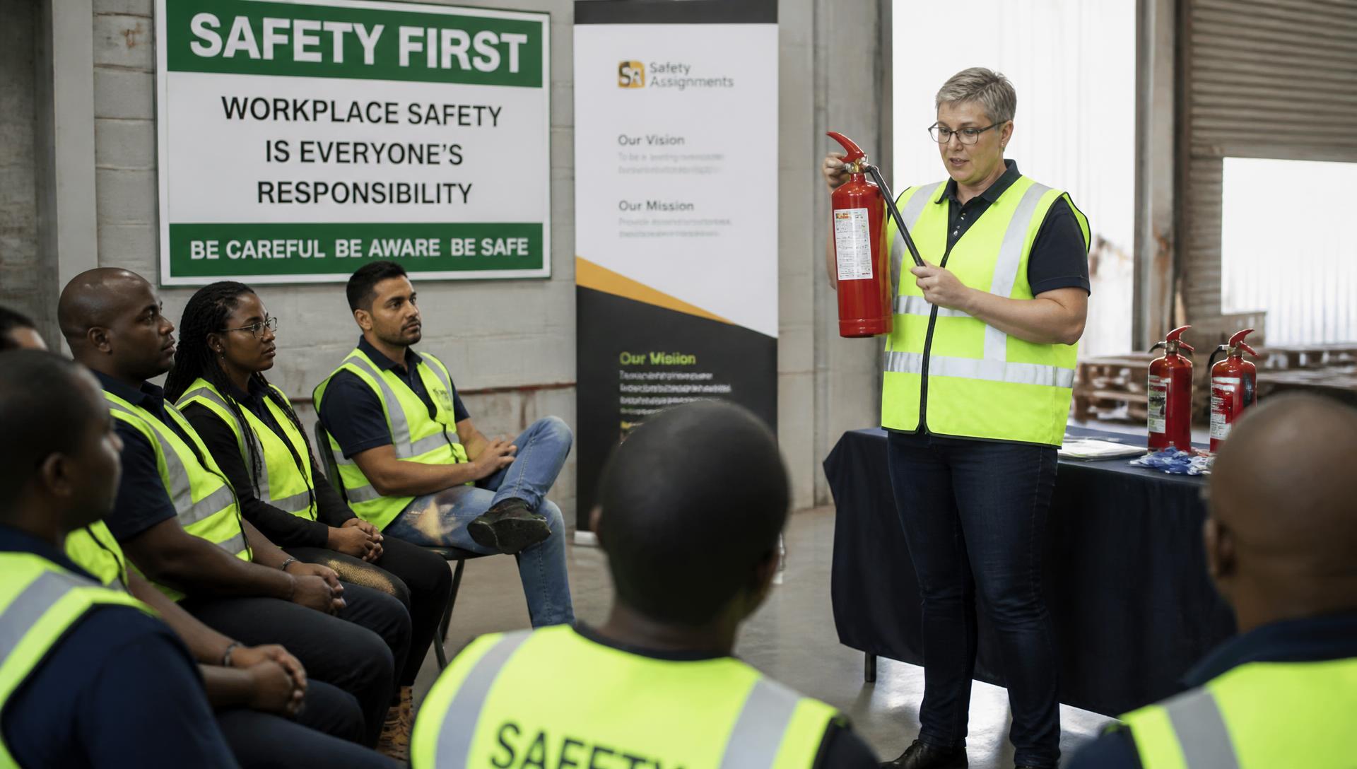 Safety instructor demonstrating fire extinguisher use to employees during workplace training