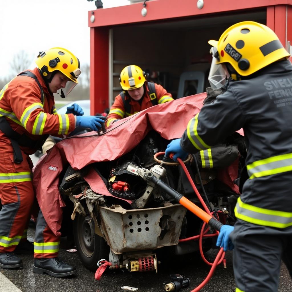 Rescue team using hydraulic tools on a vehicle during extrication training